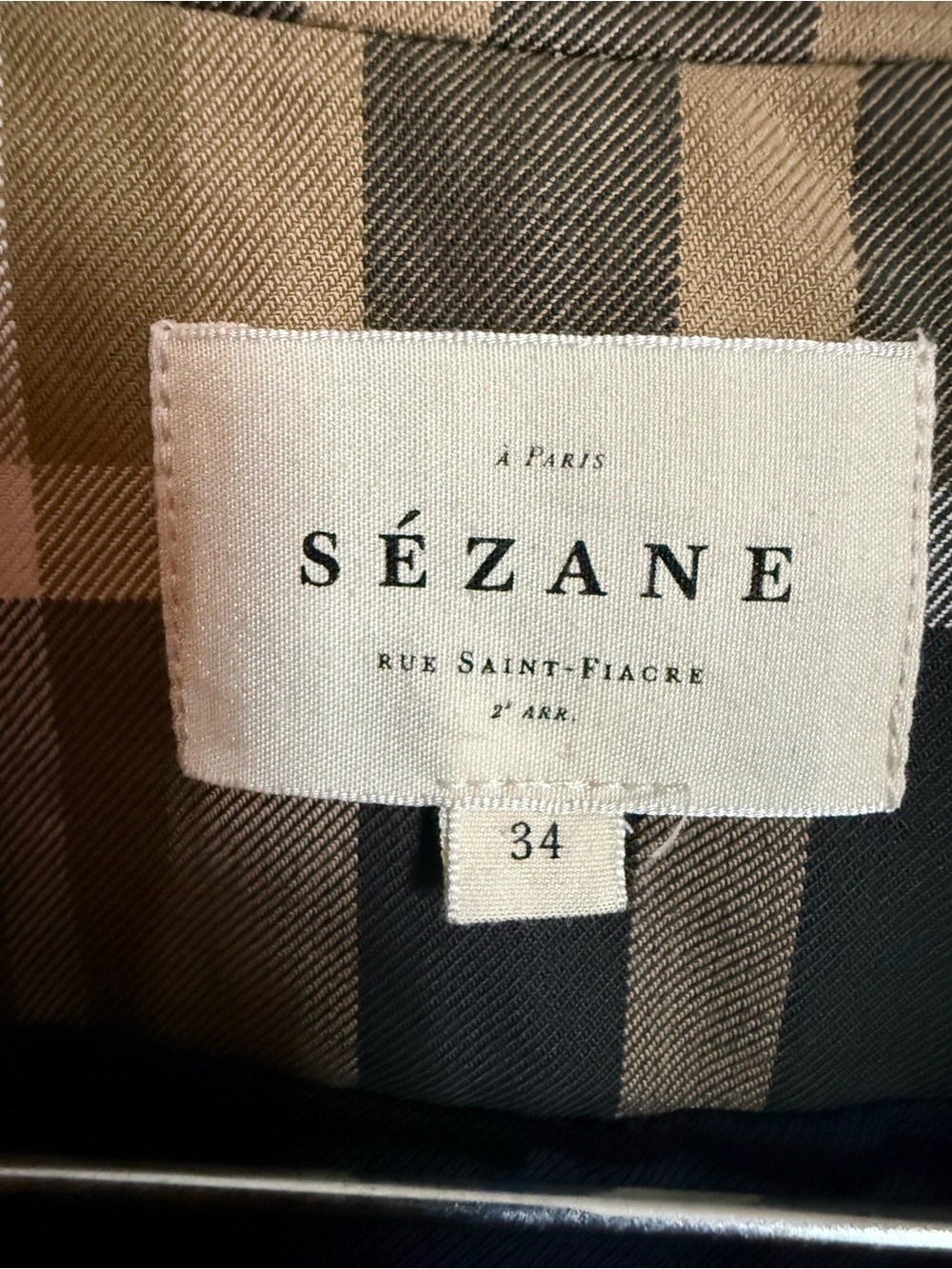 Sezane Clyde Plaid Long Trench Coat in Beige and Moss Green Checks, size 34. - Picture 5 of 10